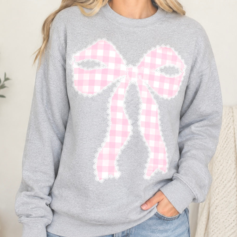 Pink Gingham Coquette Bow Crewneck Sweatshirt