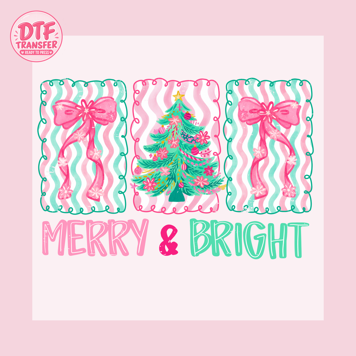 Merry & Bright Pink Christmas Tree & Bow DTF Transfer