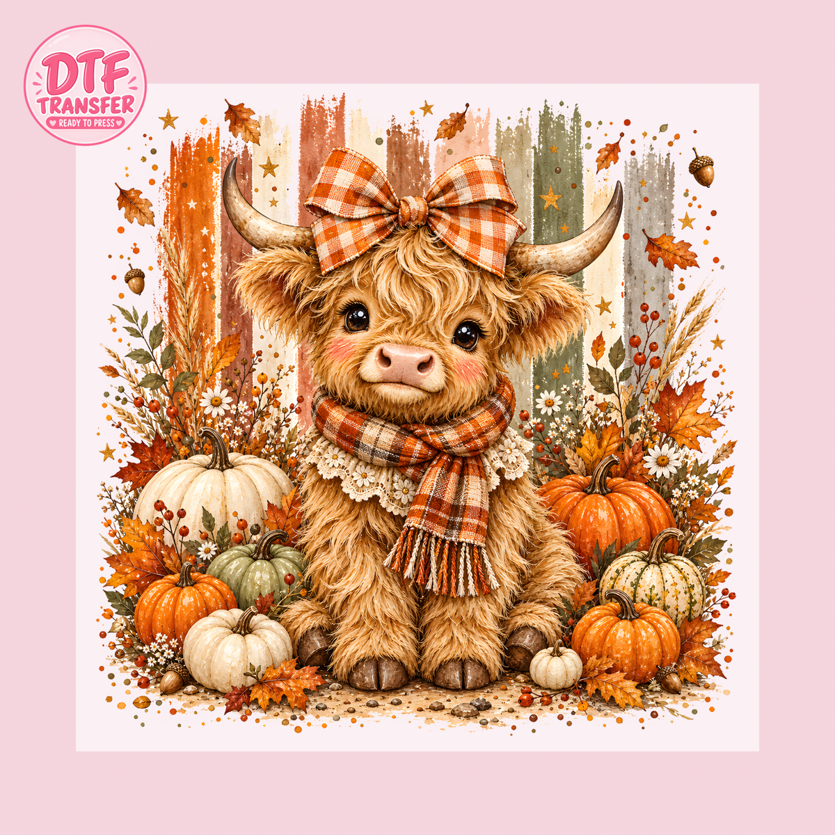 Cute Fall Highland Cow with Pumpkins & Plaid Bow DTF Transfer